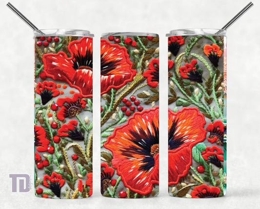 Large Poppy embroidery texture ANZAC tumbler