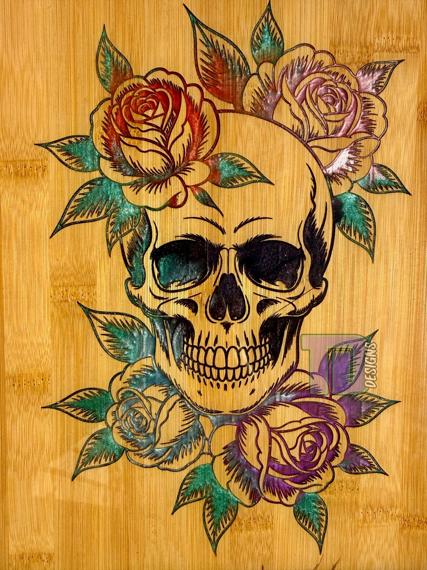 Skull and roses with border board epoxy serving charcuterie chopping board