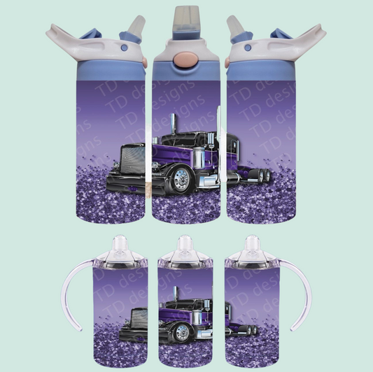 Purple glitter truck prime mover sippy cup drink bottle tumbler