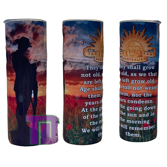 At the going down of the Sun soldier ANZAC tumbler