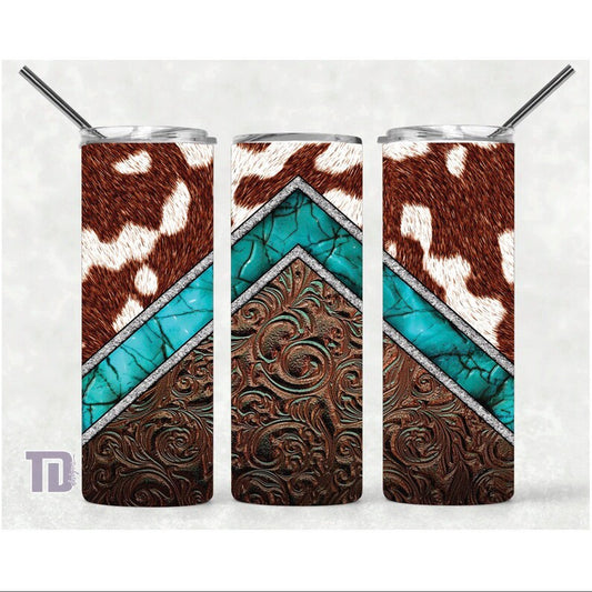 cow hide brown and white turquoise Tumbler