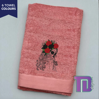 lady skeleton skull flowers boho Embroidered Bath Sheet Towel