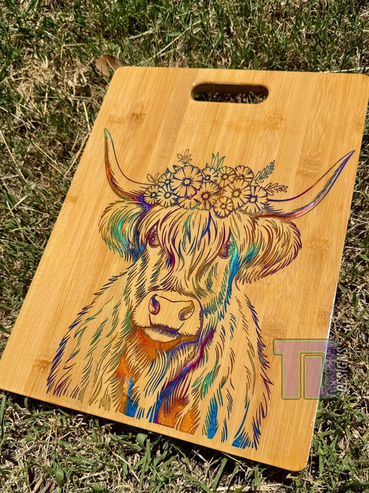 Highland Cow multicolour epoxy serving chopping board