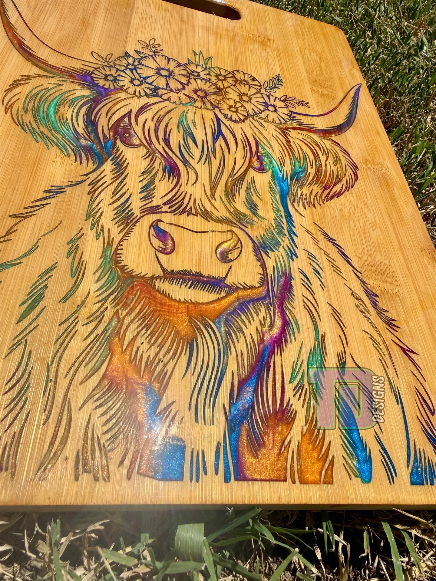 Highland Cow multicolour epoxy serving charcuterie chopping board