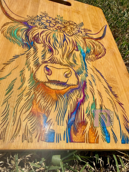 Highland Cow multicolour epoxy serving charcuterie chopping board