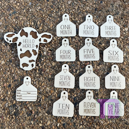 Cow head and cattle tags shaped baby milestone