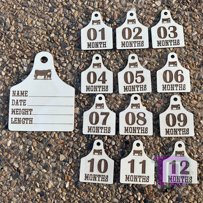 Cow cattle ear tags shaped baby milestone