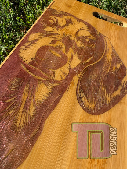 Dachshund sausage dog multicolour epoxy serving chopping board