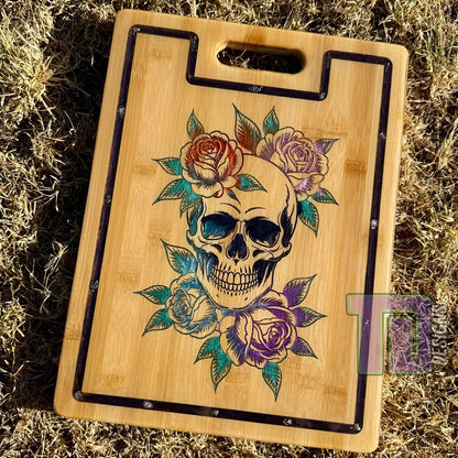 Skull and roses with border board epoxy serving charcuterie chopping board