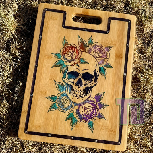 Skull and roses with border board epoxy serving charcuterie chopping board