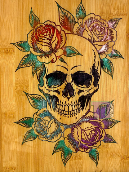Skull and roses with border board epoxy serving charcuterie chopping board