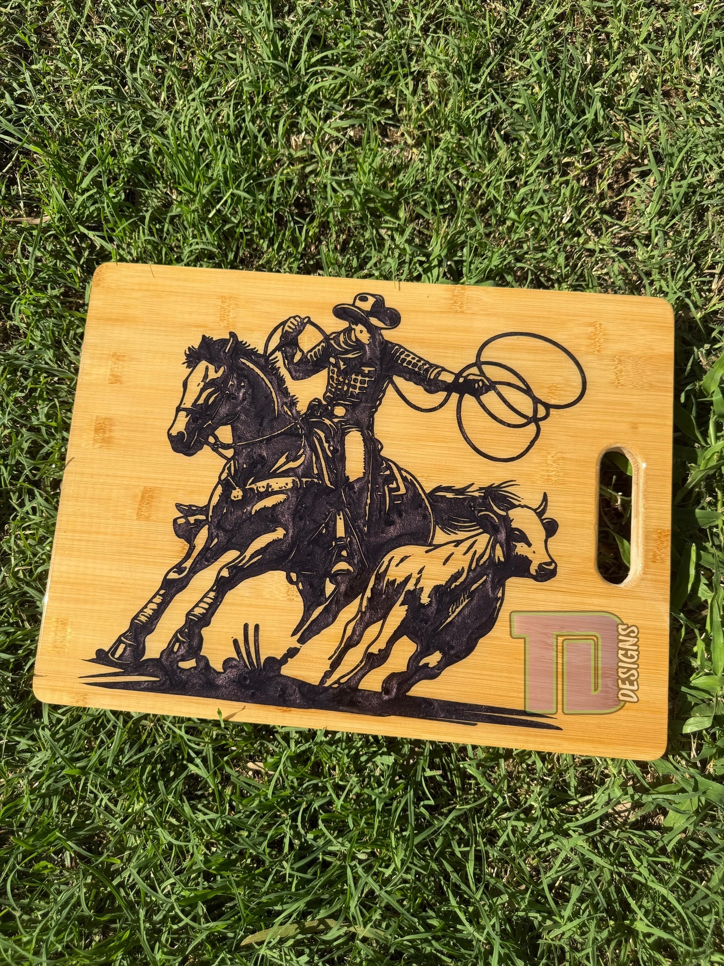 cowboy cowgirl roping horse steer rodeo epoxy serving chopping board