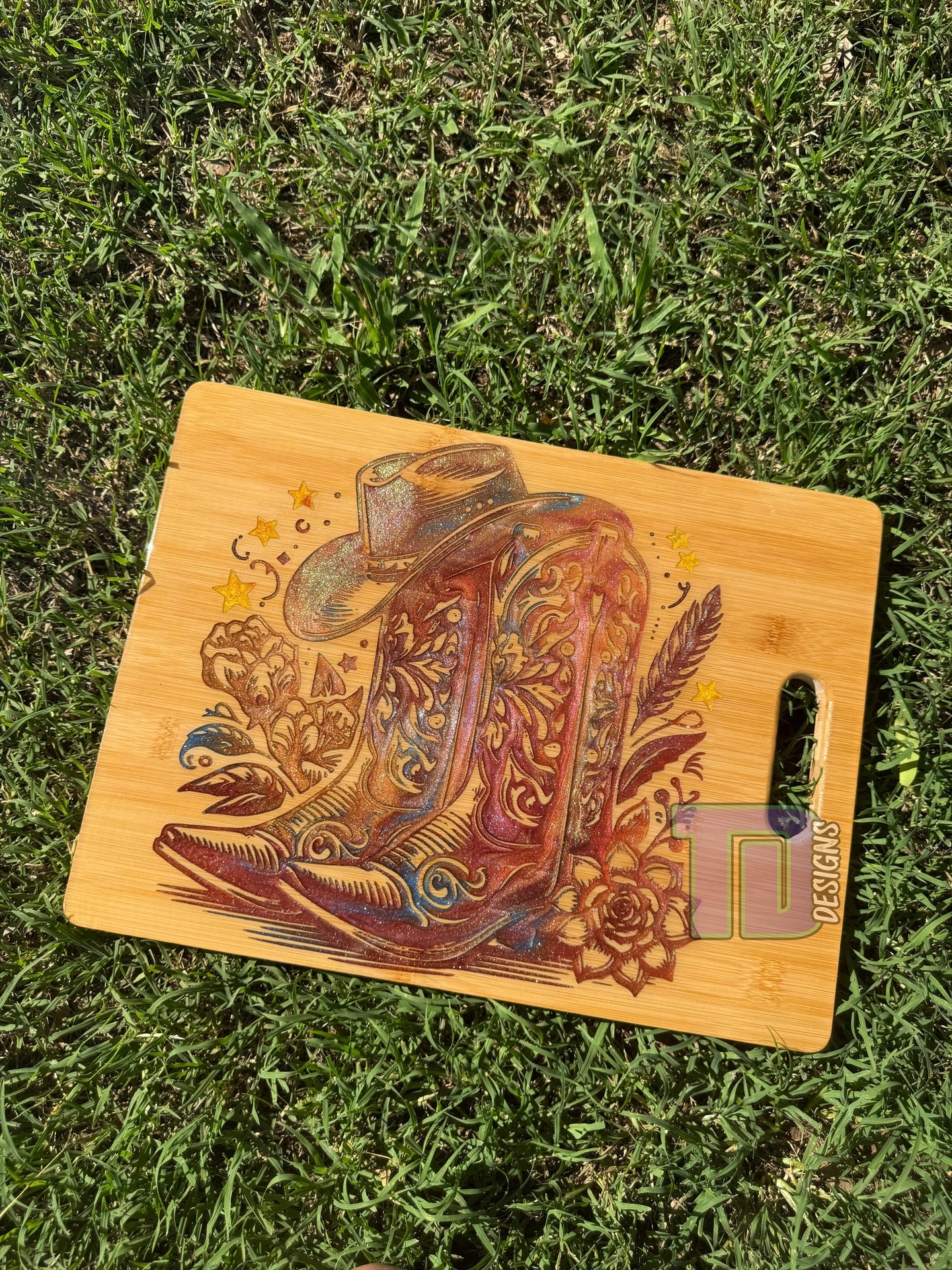 cowgirl cowboy boots hat country epoxy serving chopping board