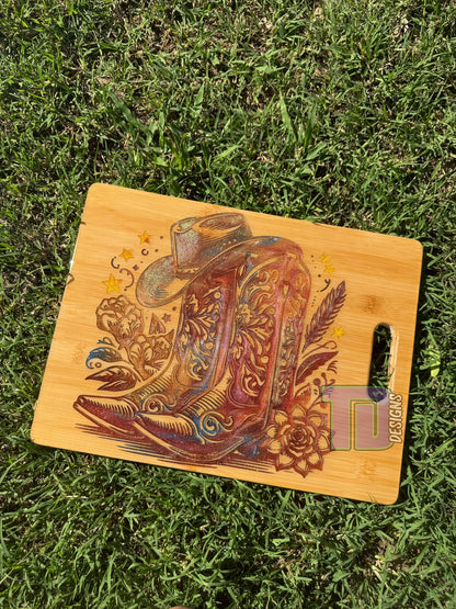 cowgirl cowboy boots hat country epoxy serving chopping board