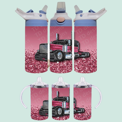 Pink glitter truck prime mover sippy cup drink bottle tumbler