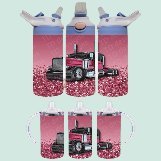 Pink glitter truck prime mover sippy cup drink bottle tumbler