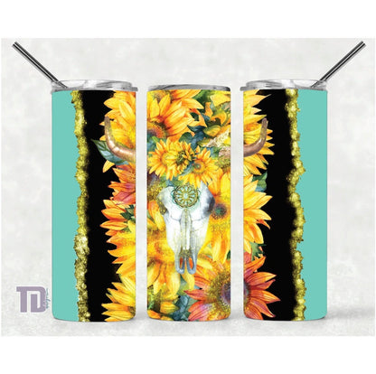 cow skull sunflowers green boho Tumbler