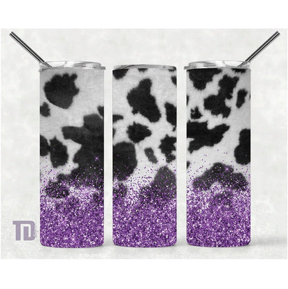 cow print purple glitter black and white Tumbler