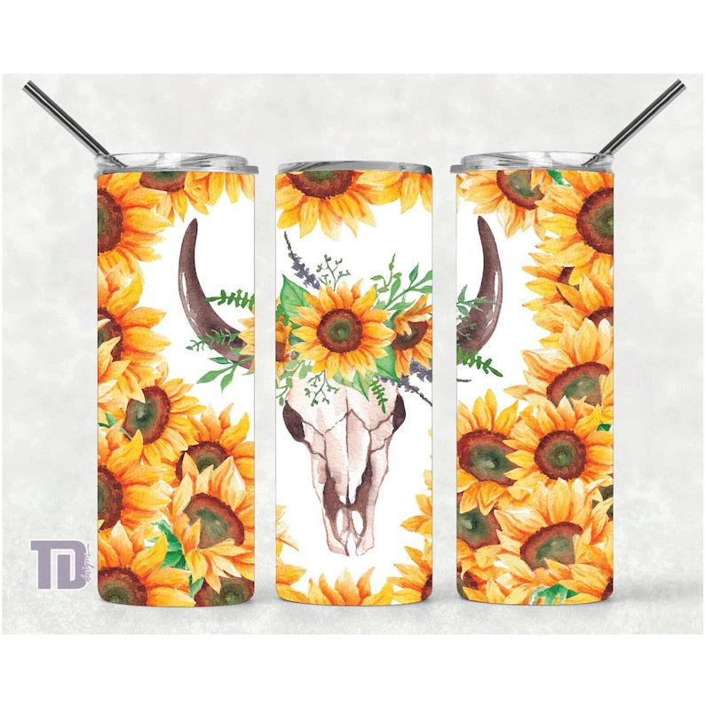 sunflower bulls head boho floral Tumbler decal sticker