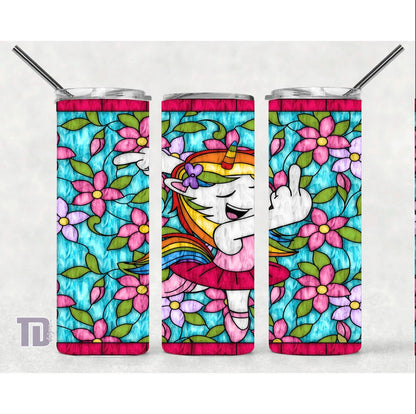 unicorn rude middle finger stained glass tumbler