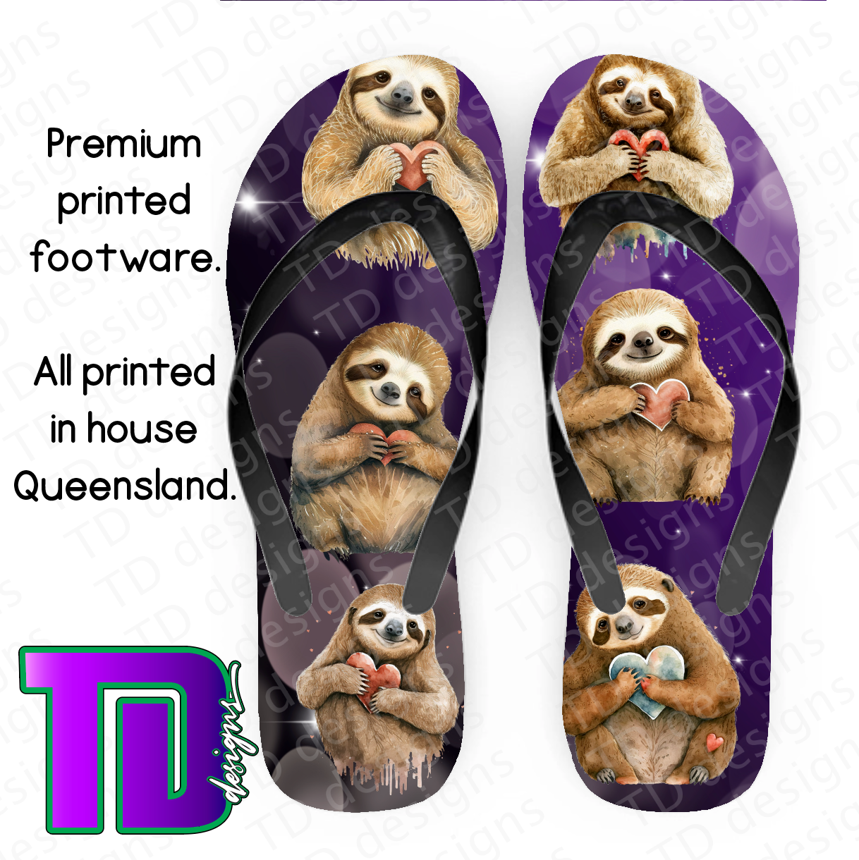 Sloth with heart thongs flip-flops pluggers