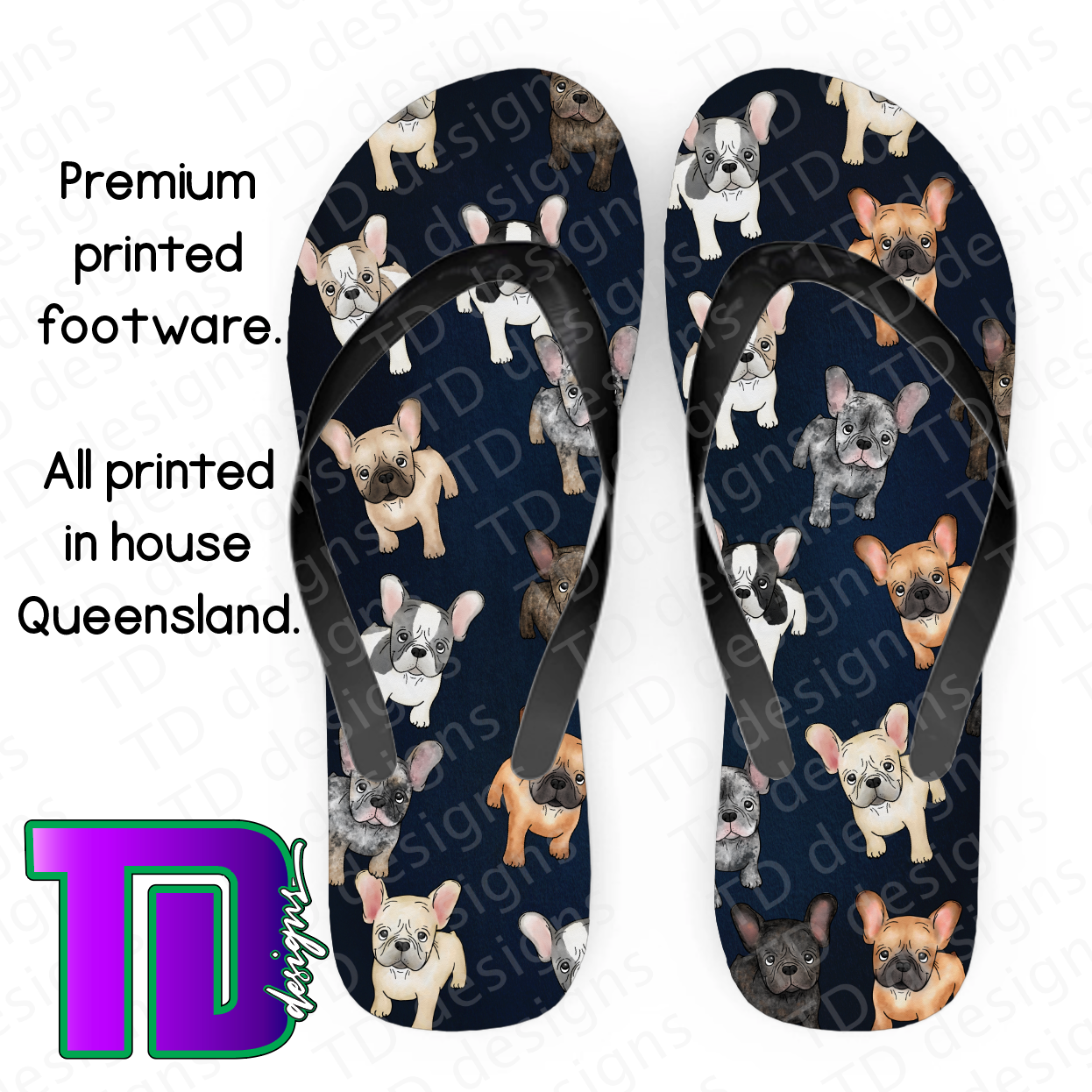 French Bulldog frenchie thongs flip flops pluggers TD designs