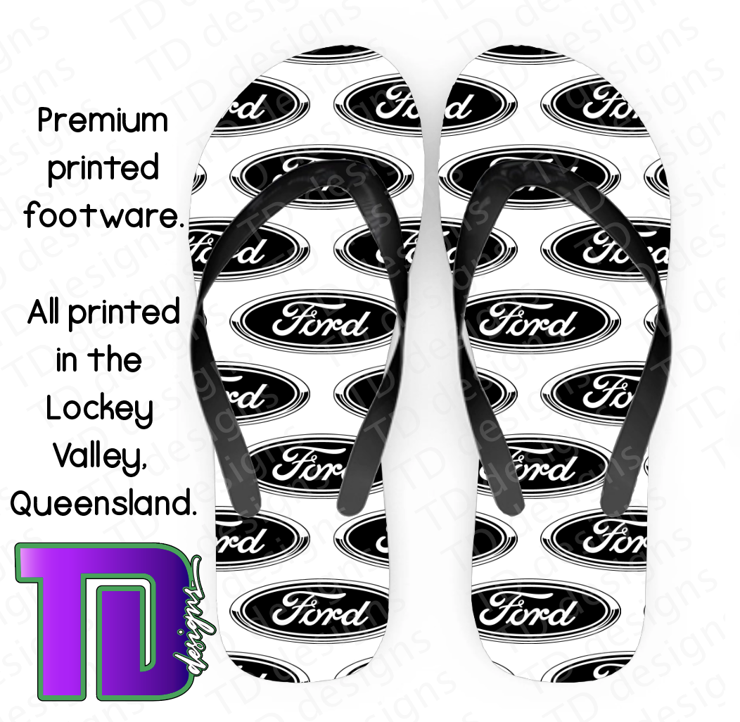 Black and white ford thongs flip-flops pluggers