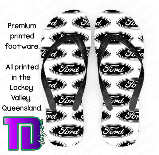 Black and white ford thongs flip-flops pluggers