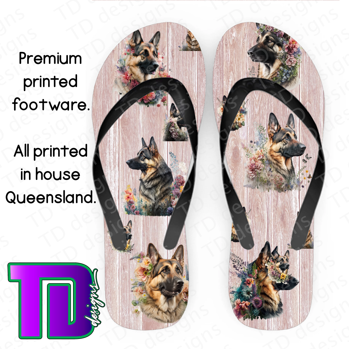 German Shepherd dog thongs flip-flops pluggers